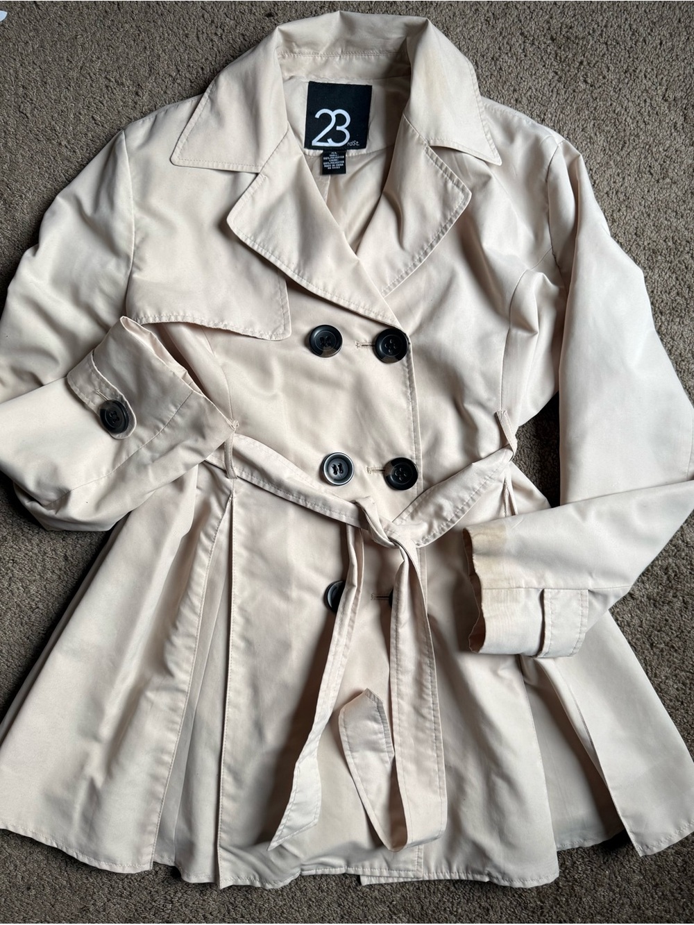 Light Cream Double-Breasted Trench Coat with Tie Waist